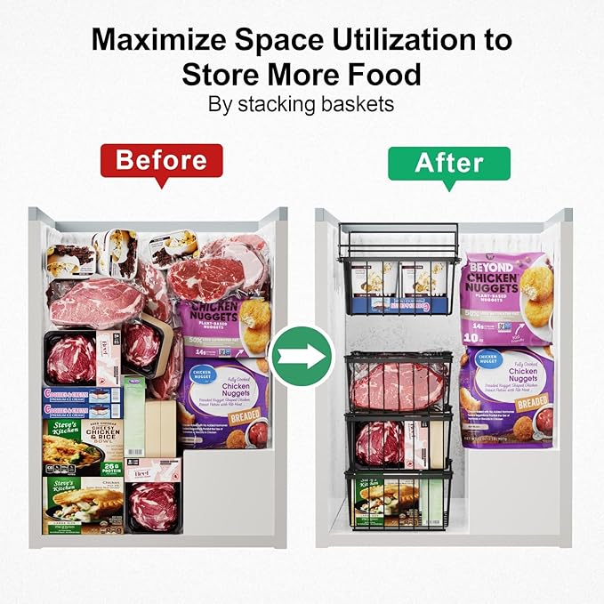 iSPECLE Freezer Organizer Bins - 17.5" Length Fit 5 Cu.FT Chest Freezer, 1 Expandable Hanging Bin & 3 Pack Stackable Deep Freezer Organizer, Sort and Get Frozen Food Easily with Handle, 4 Pack Black