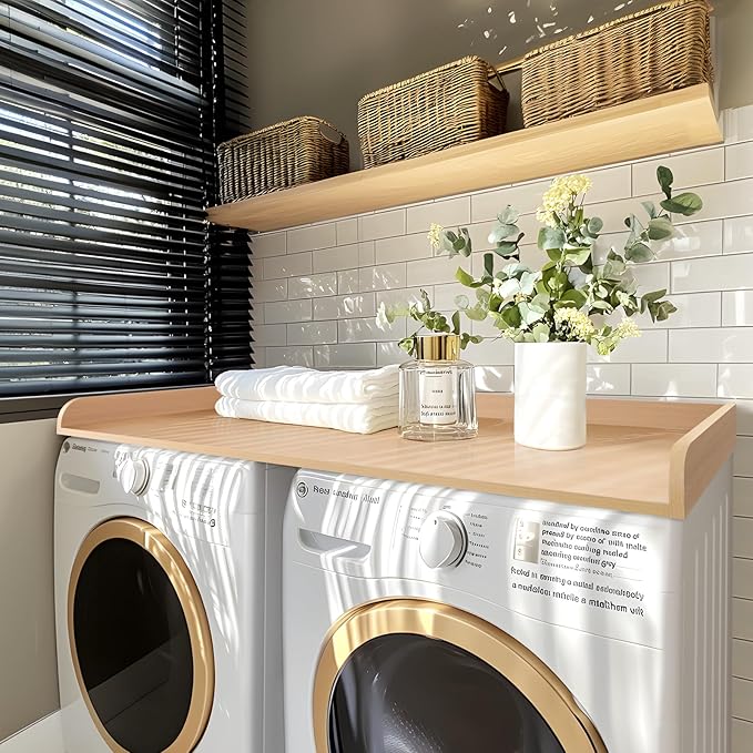 Kaboon Washer Dryer Countertop 58" x 28" Extra Large Version, Melamine Countertop with 3.5" Edge Rails, Laundry Room Organization, Light Walnut