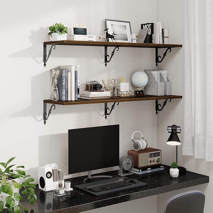 Fun Memories Large Floating Shelves for Wall 48 Inches Long, 12 Inch Deep Shelves with Metal Bracket, 48 Inch Floating Shelves Wall-Mounted, Wide Display & Storage Bookshelves, Walnut, Set of 2