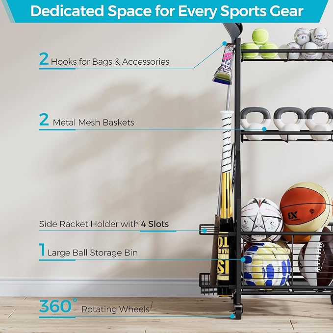 Sports Equipment & Toy Storage Rack with Wheels, 3-Tier Ball Organizer for Balls, Rackets & Sports Gear, Large Capacity with Racket Slots & Hooks, for Garage, Home Gym or Backyard – 17" W