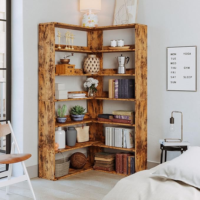 IRONCK Corner Bookshelf, Bookshelves 6 Tiers with Baffles Industrial Large Corner Etagere Bookcase Storage Display Rack for Living Room Home Office