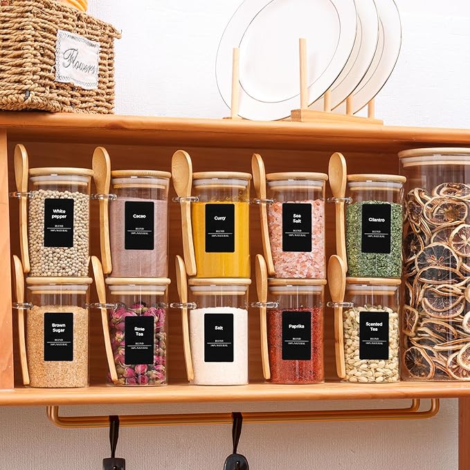 ComSaf 12 Pcs Glass Spice Jars and Spoons, 8oz Glass Containers with Bamboo Lids, Storage Containers with Airtight Lids with 275 Labels for Seasonings, Salt, Loose Leaf Tea Storage