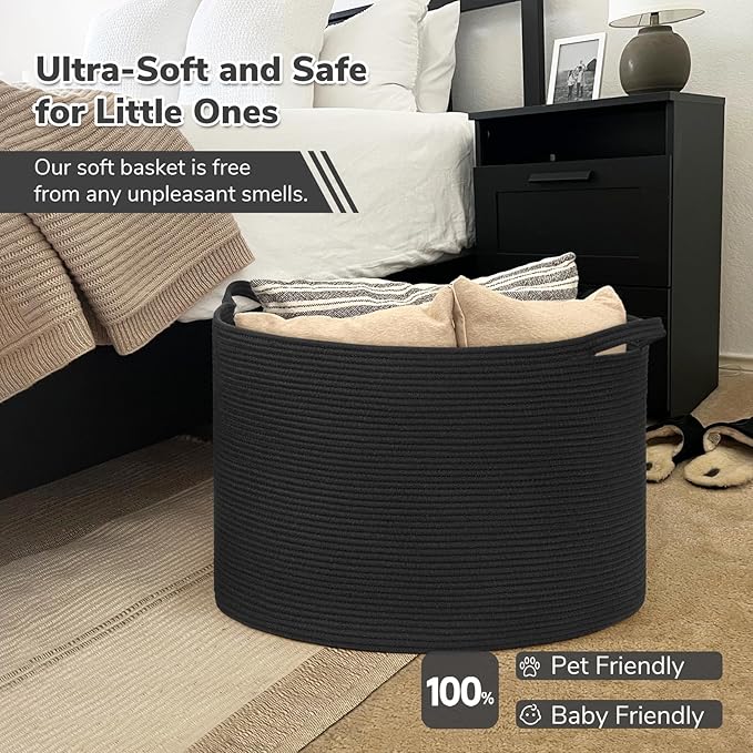 INDRESSME 115L Extra Large Black Blanket Basket, Dog Toy Bin Shoe Baskets Toy Box Organizer for Kids Decorative Laundry Basket for Home & Living Room, Black