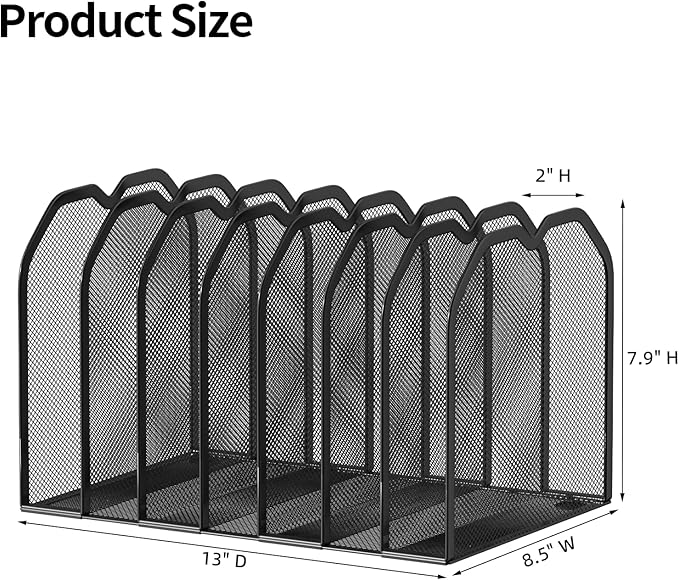 Black 7-Section File Folder Organizer for Desk – Metal Vertical File Holder, Desktop File Organizer Vertical Stand, Letter/A4 Folder Rack, Upright File Sorter, Office Paper Organizer
