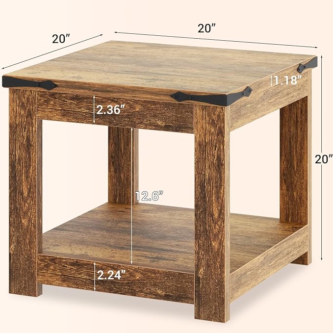 Homieasy End Table, 20 Inch Square End Table, Farmhouse Wood Side Table with Storage Shelf, Industrial Accent Bedside Table for Living Room, Bedroom,Rustic Brown