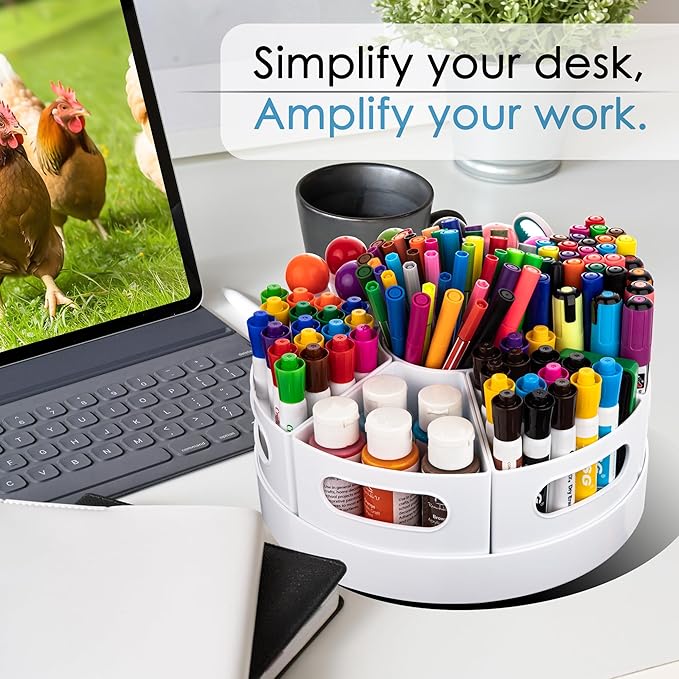 Art Supplies Organizer, Extra Large 360° Rotating Desk Organizer with 7 Removable Compartments, Marker Organizer for Home, Office, and Classroom, Crayon Holder