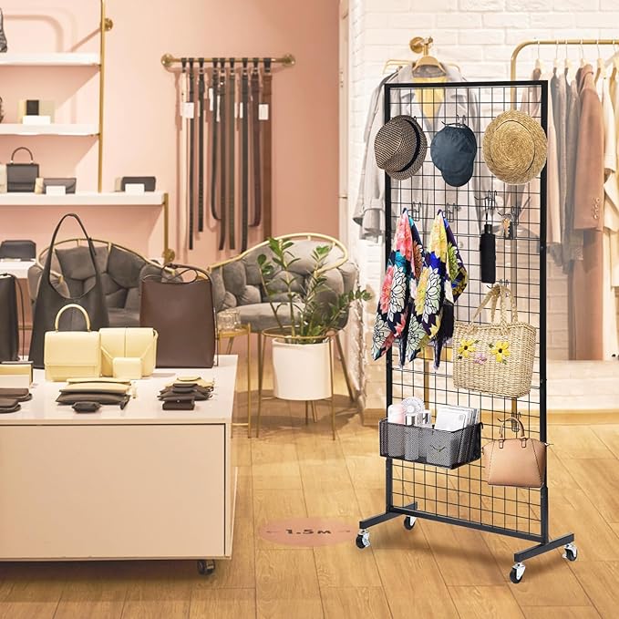 Eastern Tree 1 Pack 2.5'x 6' Three Pieces Grid Wall Panels Stand with T-Base, Black Wire Grid Wall Rack with Wheels, Craft Display Rack, Retail Display, Art Display, Extra More 10 Pieces Hooks
