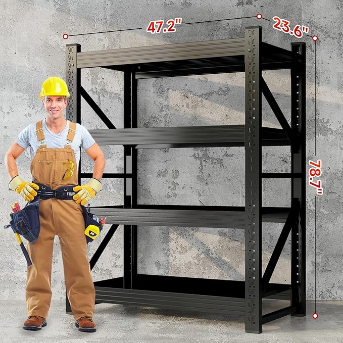 4000LBS Garage Storage Shelves, 47" W Garage Shelving Heavy Duty Adjustable Shelving Unit, 4 Tier Metal Utitly Shelves Industrial Shelving for Warehouses,Basement,Black