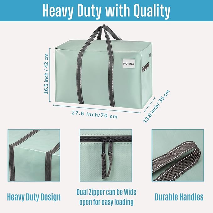 VENO 2 Pack Moving Bags and Large Christmas Storage Bins with lids. Alternative to Moving Boxes, Packing Supplies for College. Extra Large Heavy Duty Totes for Packaging (Shiny Light Green, 2 Pack)