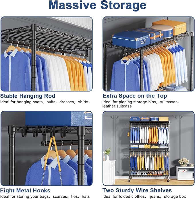 P8 Heavy Duty Clothes Rack（With Extended Width Design） Rolling Clothing Racks for Hanging Clothes，Portable Garment Rack with Lockable Wheels，51.2" W x 15.8" D x 80.5" H，Max Load 700LBS，Black