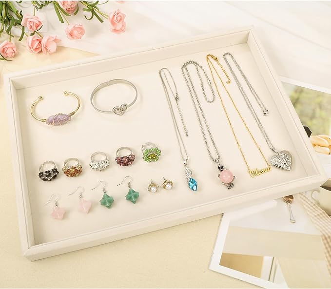 Mornajina 13.8" x 9.5" Velvet Jewelry Tray Jewelry Display Tray, Stackable Empty Plate Trays for Earrings Necklaces Bracelet Rings Display Showcase - Light Khaki