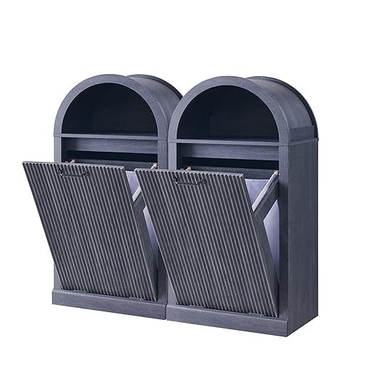 Arched Tilt-Out Trash Can Cabinet, Fluted 10 Gallon Trash Can Cabinet Set of 2, Modern Laundry Hamper Cabinet, Hidden Garbage Can with Storage Basket for Kitchen, Living Room, Dark Grey