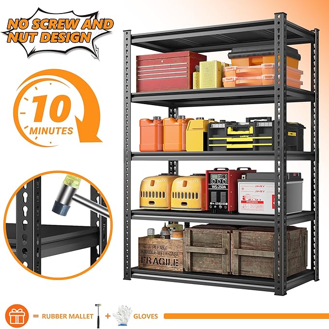 REIBII 72" Garage Shelving,Storage Shelves 2050LBS Heavy Duty Shelving, Adjustable 5-Tier Metal Shelves for Garage, Storage, Basement, Pantry, 72" H*31.5" W*16.5" D