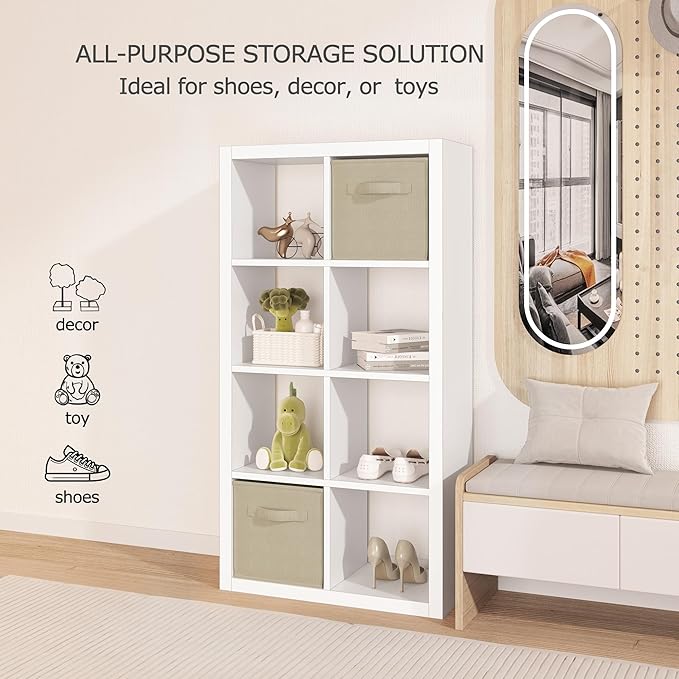 Bookshelf Cube Storage Organizer, 8-Cube Shelf Bookcase with Storage Bin, Modern Wood Open Shelf for Living Room, Bedroom, Home Office, White