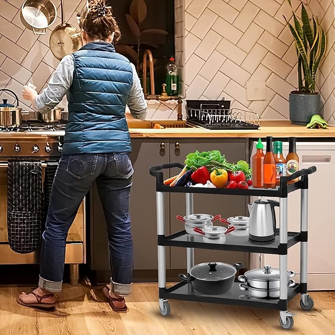3-Shelf Service Cart，42" Wx20 Dx39 H，360 Lbs Heavy Duty Utility Cart ，Rolling Cart with Lockable 360° Swivel Wheels for Foodservice, Restaurant & Cleaning，Black