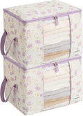 Designer Canvas Clothing Storage Bags 2 Pack Purple Floral Clothes Organizer bags for sweaters, clothing, garments, quilt, linens, large folding organizers with zip & window, moth proof space saver