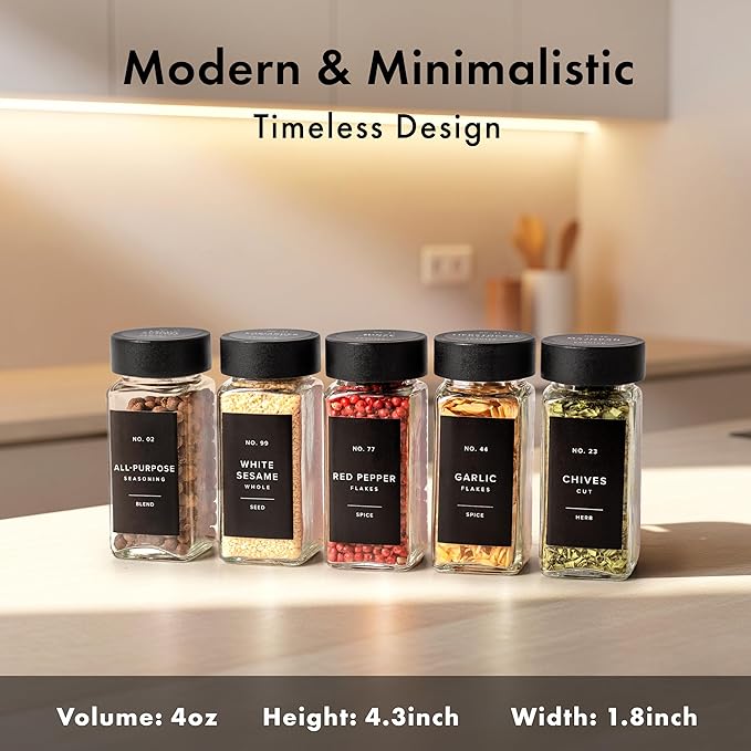 Square Spice Jars with Black Bamboo Wooden Lid (Pack of 24) Spice Jars with Shaker Insert and 240 Labels - Bamboo Lid Glass Container for Spice Organisation [4.3 in × 1.8 in]