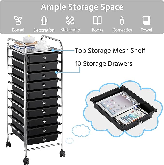 Yaheetech Rolling Cart Organizer Plastic Trolley with 10 Storage Drawers Utility Cart on Wheels Art Craft Organizer Ample Storage Space, Black