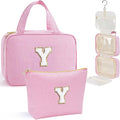 YOOLIFE Travel Toiletry Bag for Women - Hanging Toiletry Bag Makeup Bag, Portable Toiletries Travel Bag and Cosmetic Bag Essentials - Letter Y, Pink