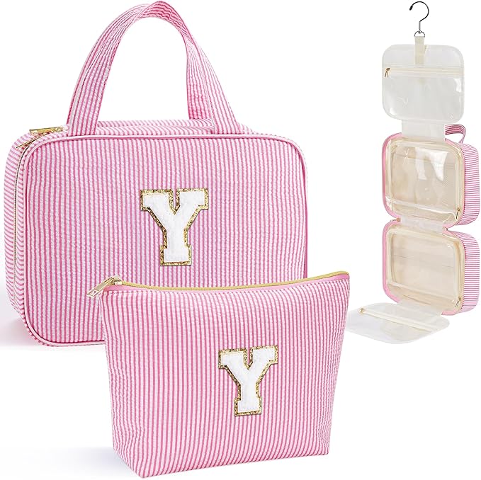 YOOLIFE Travel Toiletry Bag for Women - Hanging Toiletry Bag Makeup Bag, Portable Toiletries Travel Bag and Cosmetic Bag Essentials - Letter Y, Pink