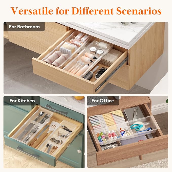 Lifewit Sliding Makeup Drawer Organizer Trays with Inserts, Extendable Hanging Desk Drawer Divider, Fits 13-20" Deep Drawers, 1.8" High Plastic Organizer Tray for Vanity, Office, Kitchen, Translucent
