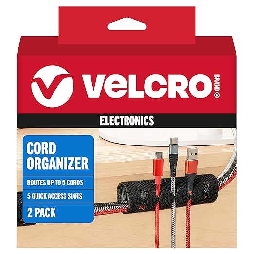 Velcro Brand Cord Organizer for Desk & Nightstand, Stocking Stuffers for Adults, 5 Cable Slots with Sleeve Routing, Adhesive Wire Holder for Cord Management, Home, Office & Gaming, Black 2 Pack
