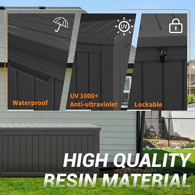 230 Gallon Large Resin deck box Waterproof,Outdoor Storage Bench,Patio Storage Box,Garden Tool Storage,UV-Resistant & All-Weather,Wood-like Striped BLack