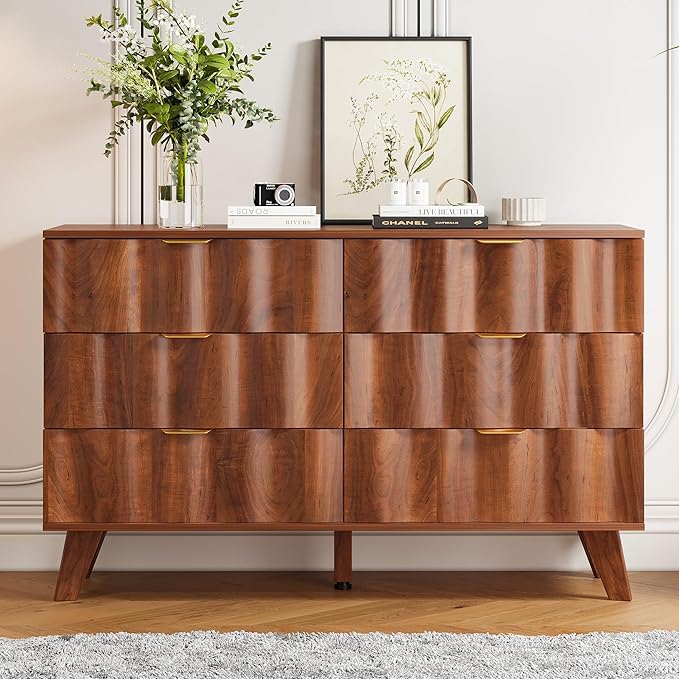 6 Drawer Dresser, Modern Fluted Storage Dresser with Deep Drawers and Metal Handles, Wood Chest of Drawers Storage Organizer for Bedroom, Living Room, Hallway (Walnut)