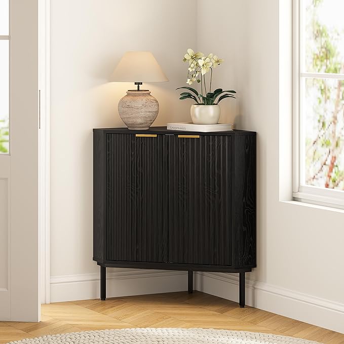 Fluted Corner Cabinet, Modern Small Corner Floor Cabinet with 2 Doors and 2-Tier Shelves, Freestanding Narrow Organizer for Living Room Kitchen Bathroom, Black