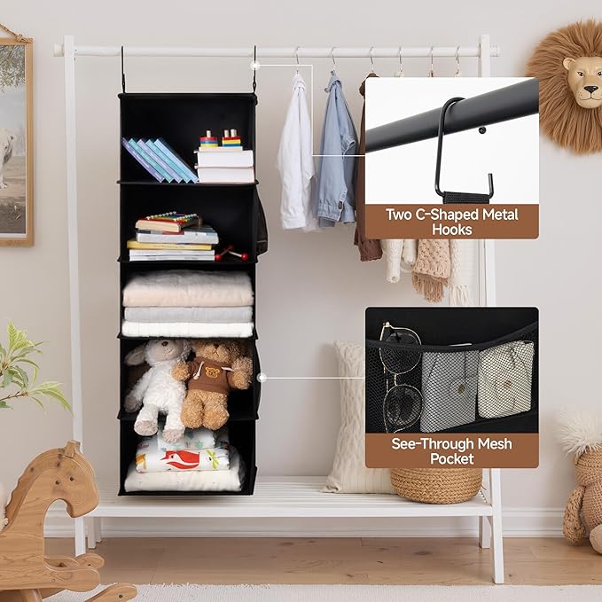 StorageWorks 5-Shelf Hanging Closet Organizers, Foldable Closet Storage Organizer with 2 Side Pockets, Portable Hanging Shelves for Clothes, Sweater, Towels, 13" D x 15" W x 47 ¾" H, Black