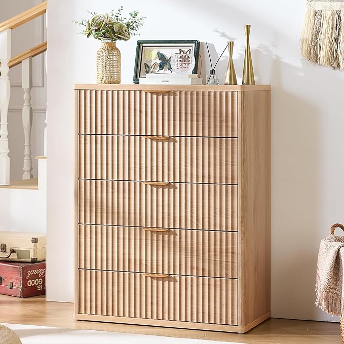 LEYAOYAO Fluted 5 Drawers Dresser for Bedroom, 41" Tall Modern Chest of Drawers with Metal Handle for Bedroom, Living Room, Hallway, Entryway