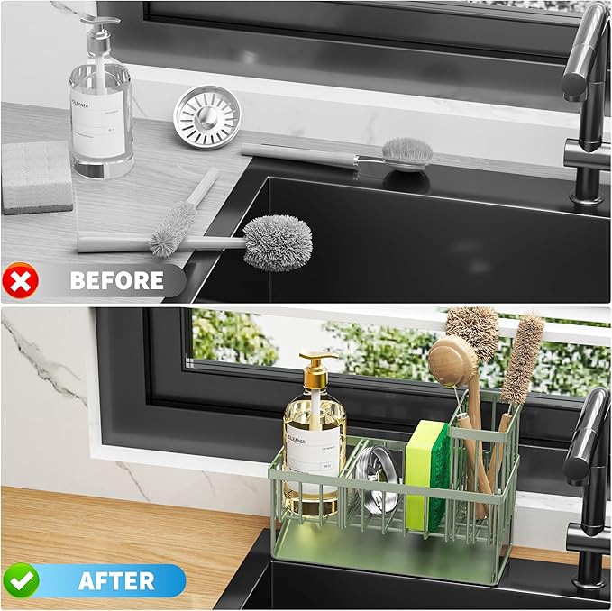 Cisily Kitchen Sink Caddy - Sponge Holder and Organizer with High Brush Holder, 304 Stainless Steel, Sage Green