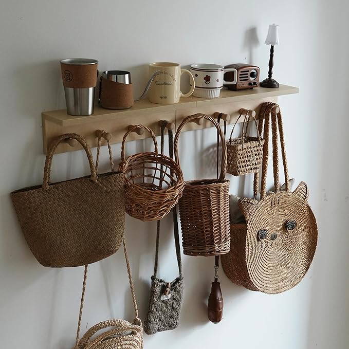 Entrance Coat Rack ，Coat Hooks, Wall-Mounted Wooden Hook Rack, Wall-Mounted Shelves are Very Suitable (2PC-Birch Colored Finish)