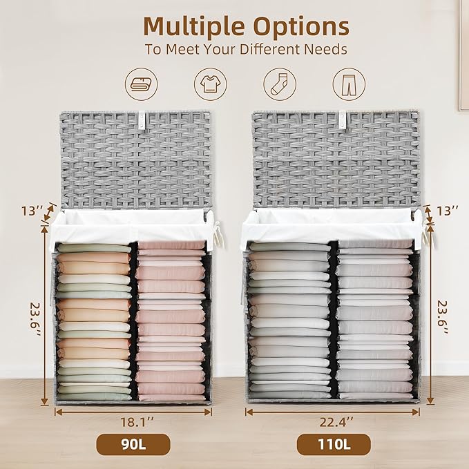 Woven Laundry Basket with Lid, Large Hamper with Removable and Machine-Washable Liner, Foldable Rattan Clothes Hamper, Sturdy Steel Frame, Odor Control, 110L Capacity, Dove Gray