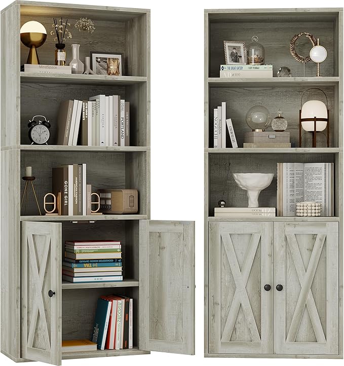 IRONCK Industrial Bookshelves and Bookcases with Doors 11.8 in Depth Set of 2 Floor Standing 5 Shelf Display Storage Shelves Bookcase Home Decor Furniture for Home, Office, Living Room, Bedroom