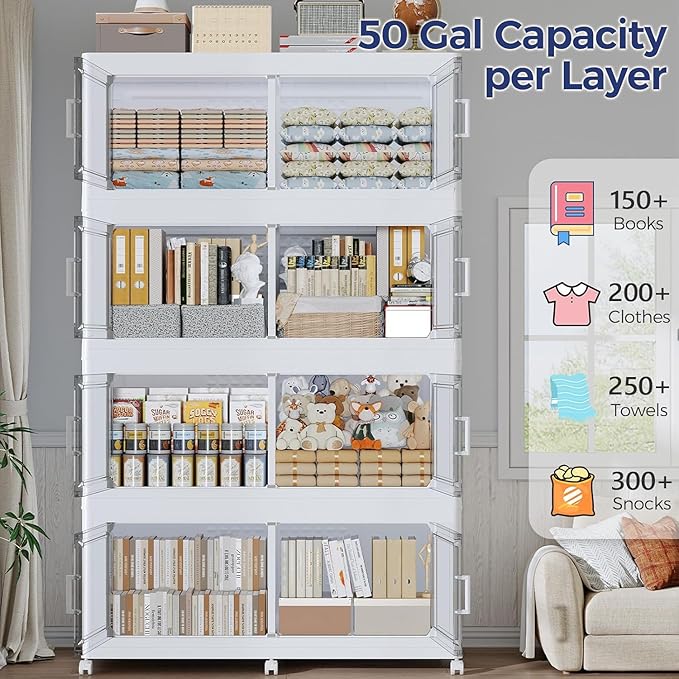 200Gal Stackable Storage Bins with Lid, 800Qt Extra Large Collapsible Storage Box with Wheels, Dividers, Folding Plastic Cabinet Closet Organizers for Home Kitchen Office Dorm, 4Pack White