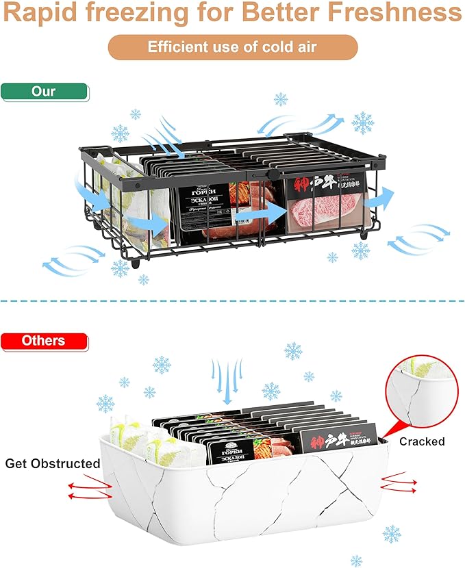 UMDONX 4 Pack Expandable Freezer Organizer Bins Large Freezer organizer Bins Stackable 11.4" Expand to 17.9", Fit 10 to 20 Cu.FT Black