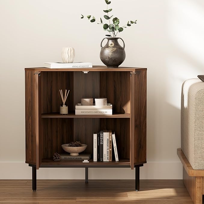 Fluted Corner Cabinet, Modern Small Floor Storage Cabinet with Adjustable Shelf, Wood Freestanding Narrow Organizer for Living Room Kitchen, Brown