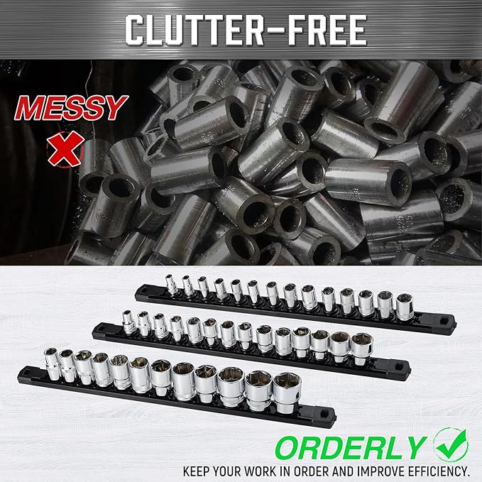 ALOANES 3-Piece Magnetic Socket Organizer, Heavy Duty Aluminum Socket Rails Organizer, 360° Swivel Clips Socket Holder Kit for Tool Box, 1/4-Inch Socket Holder x 42 Clips (Black)