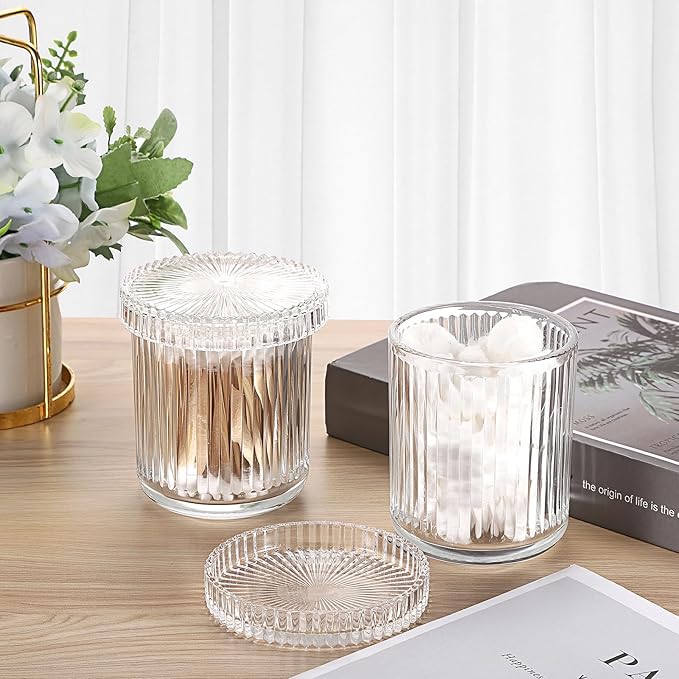 2 Pack Glass Qtip Holder with Lid, Qtip Dispenser Bathroom Storage Jars- Glass Apothecary Jars for Cotton Ball, Swab, Pads, Floss Picks, Bathroom Accessories Organization and Vanity Organizer(Clear)