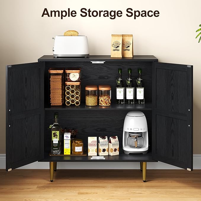 RoyalCraft 2-Door Storage Cabinet, Modern Wood Credenza with Adjustable Shelves, Freestanding Buffet Sideboard Cabinet for Living Room, Bedroom, Dining Room, Entryway, Black