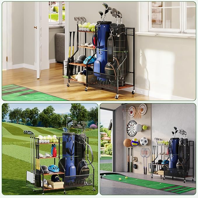 Golf Rack with Golf Bag Storage, Large Golf Bag Organizer for 2 Bags, Golf Bag Stand with Golf Club Rack, Extra Sports Equipment Rack for Garage & Golf Clubs with Wheels