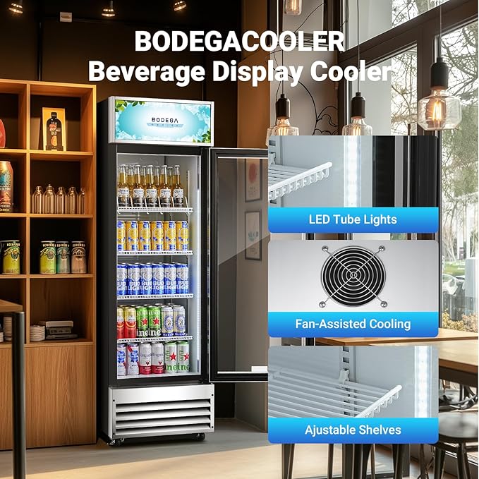 BODEGACOOLER Commercial Merchandiser Refrigerator, 9 Cu.Ft Glass Door Beverage Refrigerator, Upright Beverage Display Cooler with Soft LED Light, Adjustable Shelves, 4 Strong Castors(Stainless Steel)