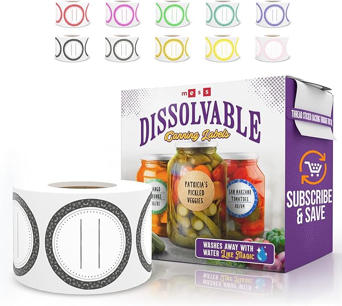 Easy Remove Dissolvable Canning Labels for Mason Jars (2" Round) Canning Supplies - Washes Off in Seconds Like Magic - Jar Labels for Homemade Jam, Jelly, and More (Black, 200/Roll) by MESS