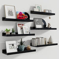 Fun Memories Picture Ledge Shelf, 16 Inch Long Floating Shelves Set of 6, Picture Shelf for Wall with Lip, Large Nursery Book Shelves for Storage, Wall Shelves for Living Room Bedroom Kitchen, Black