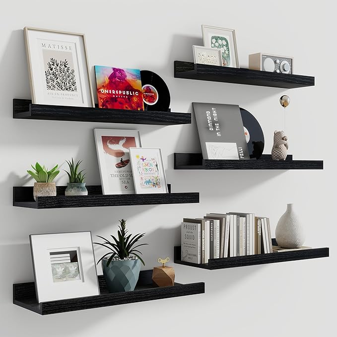 Fun Memories Picture Ledge Shelf, 16 Inch Long Floating Shelves Set of 6, Picture Shelf for Wall with Lip, Large Nursery Book Shelves for Storage, Wall Shelves for Living Room Bedroom Kitchen, Black