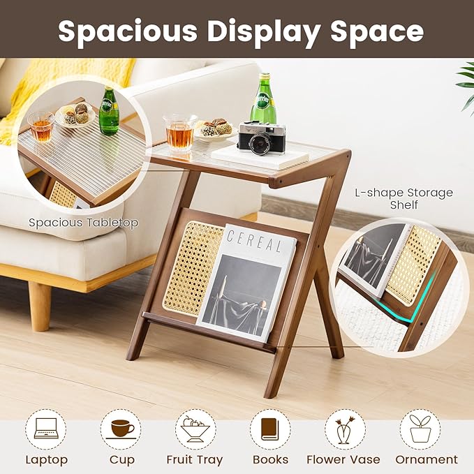 GOFLAME Rattan Side Table, Z-Shaped End Table with Tempered Glass Top, Magazine Rack, Boho Night Stand, Small Coffee Table, Bamboo Accent Bedside Table for Living Room, Bedroom, Walnut