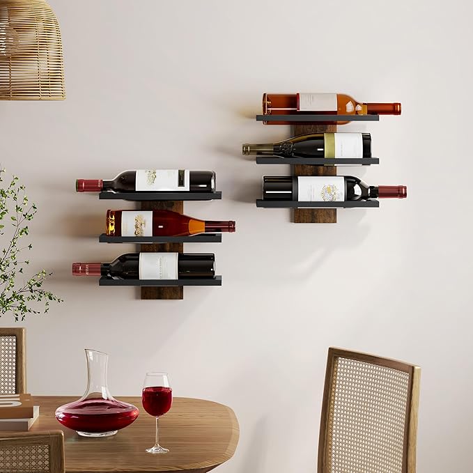 Hoctieon 3-Tier Wall Mount Wine Rack, Wall Mounted Wine Bottle Racks for Display and Storage, Hanging Bottle Holder, for Living Room, Dining Room, Bar, Wine Cellar, Rustic Brown