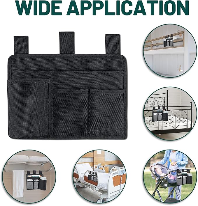 Bedside Caddy Organizer - Bed Organizer Caddy for Remotes Control Phone Glasses Magazines Tablets Accessories - Wheelchair Bag for Hospital Home Office Dorm Room (4 pocket)