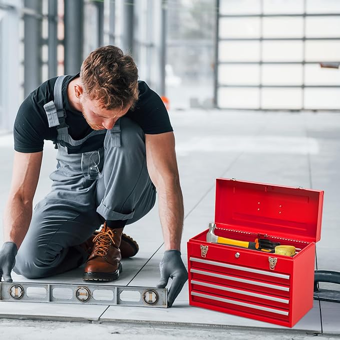 Metal Tool Box with 4 Drawers Portable Steel Tool Chest with Metal Cylinder Lock and Latch Closure, Liner, Red Powder Coating, Suitable for Garage, Warehouse and Outdoor Repair Job-Red